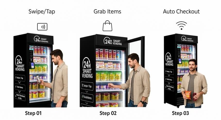 3-step operation: Swipe/Tap, Grab Items, Auto Checkout